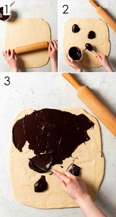 the process to make chocolate ganache is being made by rolling dough on a rolling pin