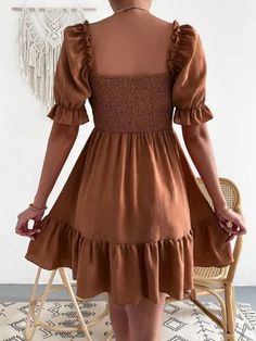 Features: Smocked Sheer: Opaque Stretch: No stretch Body: Not lined Material composition: 100% polyester Care instructions: Machine wash cold. Tumble dry low. Imported Product measurements:S:Bust 25.98 in, Waist 22.83 in, Waist Stretch Amount 45.67 in, Sleeve Length 13.78 in, Length 33.46 inM:Bust 27.56 in, Waist 24.41 Maxi Dress Collection, Brown Square, Ruffle Mini Dress, Short Sleeve Dress, Mini Dresses, Square Neck, Dress Collection, Sleeve Dress, Smocking