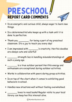 a printable worksheet for the preschool report card compties