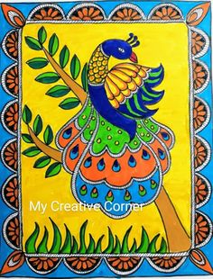 a colorful bird painted on top of a blue and yellow wall hanging from a wooden frame