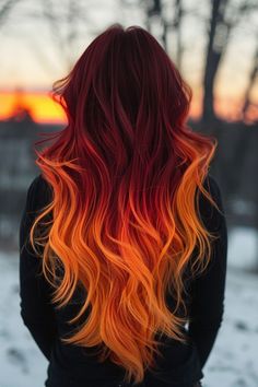 Orange Ombré Hair, Red To Orange Ombre Hair, Red And Orange Hair, Fire Ombre Hair, Fire Hair Color, Orange Ombre Hair, Sunset Hair Color, Ombre Hairstyles, Cheveux Oranges