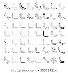 a set of hand drawn letters and numbers with flowers, leaves and branches on white background