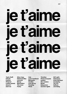 a black and white poster with the words je t'aime