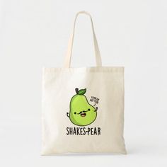 a tote bag with an image of a green apple and the words shakespeare on it