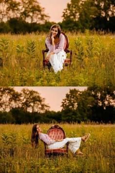 a woman sitting on top of a chair in a field with tall grass and trees