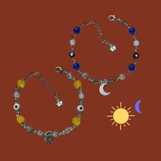 Matching Sun and Moon Bracelets for friends or couples! MEASUREMENTS: Both bracelets are 7.25 inches without the extender and 9.5 with the extender, but the length can be adjusted upon request! A matching sun and moon necklace set is also available now in my shop! Sun And Moon Necklace Couples, Sun And Moon Friends, Sun And Moon Bracelet, Bracelets For Friends, Sun And Moon Necklace, Matching Jewellery, Moon Bracelet, Friendship Necklaces, Matching Jewelry