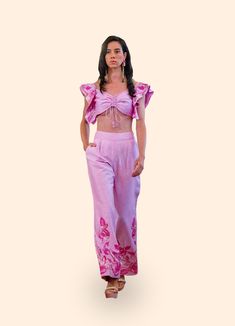 Keep it chic and simple with Elsa Embroidered Pants. Crafted from lightweight and breathable silk linen, cotton voile, jacky pink, these pants combine style and comfort into one. With an embroidered detail and a relaxed fit, these pants are perfect for elevating any look. Feather Cape, Embroidered Coat, Embroidered Crop Tops, Pink Embroidery, Embroidered Pants, Silk Linen, Create Outfits, Halterneck Dress, Cotton Voile