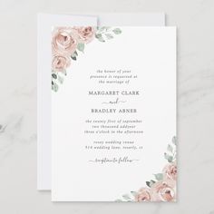 an elegant wedding card with pink roses and greenery