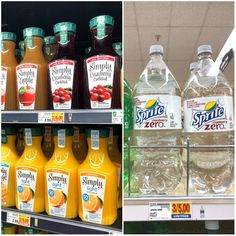 bottles of orange juice are on display in a grocery store