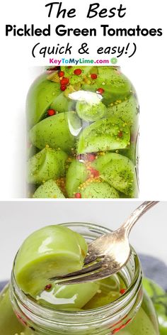 Two images of pickled green tomatoes, with title text at the top. What Can I Do With Green Tomatoes, Pickled Green Onions Recipe, Green Tomatoes Recipes, Pickled Green Tomatoes Recipe, Tomato Pickle Recipe, Canning Green Tomatoes, Pickle Seasoning, Pickled Vegetables Recipe, Pickled Foods