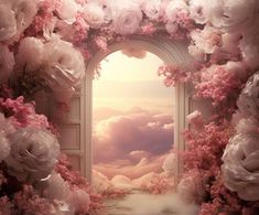 an open window with pink flowers surrounding it and clouds in the sky over them, as if from above