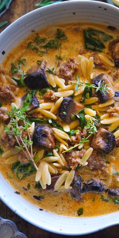 Creamy Italian Sausage Orzo Soup with Spinach and Portobello Mushrooms in a white bowl. Turkey And Mushroom Soup, Sausage And Mushroom Soup, Creamy Italian Sausage Orzo Soup, Mushroom Orzo Soup, Beef Orzo Soup, Italian Sausage Orzo Soup, Sausage Orzo Soup, Italian Sausage Orzo, Cozy Fall Meals