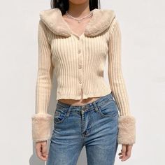 FREE SHIPPING ON ALL ORDERS OVER $50 | 100% SATISFACTION GUARANTEED Click "ADD TO CART" To Get Yours Now | Up To 60% OFF ✨  Make a bold statement with this fashionable Woman Cardigan Sweaters With Fur Trim Collar Women Cropped Sweater﻿Woman Cardigan Sweaters With Fur Trim Collar Women Cropped Sweater from Arimonz. Designed to fit perfectly on any casual outing. Made of soft knitted fabric, it offers both warmth and comfort. It has a loose-fitting design you can match it with your favorite jeans, Winter Fitted Knit Cardigan, Winter Knit Fitted Cardigan, Fitted Knit Winter Cardigan, Beige Fitted Winter Cardigan, Cozy Fitted V-neck Outerwear, Fitted Long Sleeve Winter Cardigan, Fitted V-neck Winter Outerwear, Fitted V-neck Winter Cardigan, Cozy Fitted V-neck Cardigan