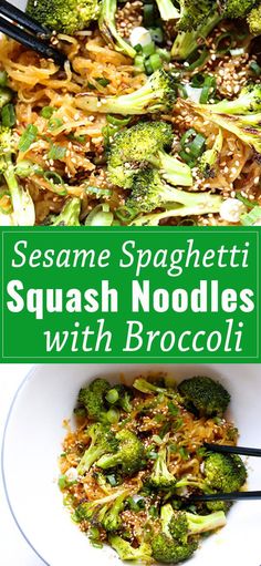 broccoli and sesame sprouts with noodles in a white bowl