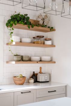 the kitchen is clean and ready for us to use it's shelves are filled with dishes