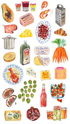 watercolor painting of various foods and condiments