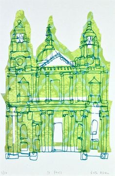 a drawing of a green building with two towers