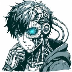 #boy #cyberpunk #cyborg #anime #cute Cyborgs Art Cyberpunk, Robot Eyes Cyborgs, Cyborgs Aesthetic, Cyborgs Art Male, Cyberpunk Eyes, Robot Pfp, Cybernetic Eye, Cyberpunk Android, Cyberpunk Boy