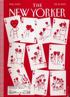 an advertisement for the new yorker, featuring playing cards with faces and hearts on them