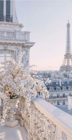 a vase with flowers sitting on top of a balcony next to the eiffel tower