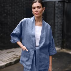 This minimalist linen kimono cardigan. Designed for the modern woman, it's perfect for both professional and casual settings. Whether at the office or out in the evening, this jacket provides effortless style and comfort. Available in a variety of colors, it's a must-have for year-round wear. JACKET DETAILS ⚬ Kimono cut. ⚬ 3/4 sleeves. ⚬ Deep pockets. ⚬ Shown here in True Blue and Graphite. FIT / SIZE ⚬ Designed for a loose fit. ⚬ Handmade to order (can be made-to-measure, please write down your Gilet Kimono, Linen Kimono, Jacket Details, Cardigan Kimono, Linen Jackets, Jacket For Women, Kimono Cardigan, True Blue, Workout Jacket