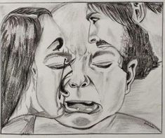 a pencil drawing of two people with their faces close together, one is kissing the other