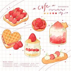 strawberry shortcakes and waffles are arranged in the shape of hearts