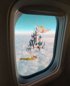 the view out an airplane window shows disney's castle