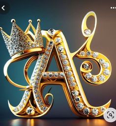 the letter a is made up of gold and diamonds, with a crown on top