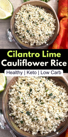 Images of cauliflower rice with cilantro and lime in a bowl. Cauliflower Rice Recipes Healthy, Gluten Free Side Dish, Coconut Cauliflower Rice, Lime Cauliflower Rice, Gluten Free Side, Coconut Cauliflower, Cauliflower Recipes Healthy, Healthy Rice Recipes, Cauliflower Rice Recipe