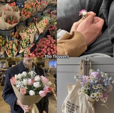 the flowers are being held by two people in front of a flower shop, and one person is holding a bag full of flowers