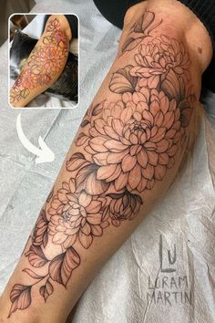 a woman's leg with flowers on it and an image of the tattoo artist