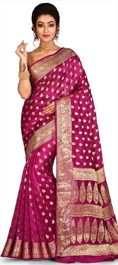 Pink and Majenta color Saree in Banarasi Silk, Silk fabric with Weaving work Reception Saree, Wedding Pink, Banarasi Silk Saree, Color Magenta, Utsav Fashion, Wrap Around Skirt, Tussar Silk Saree, Organza Saree, Saree Look