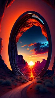 an image of the sun going down through a tunnel in the desert with mountains and rocks