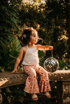 Picture toddler two year old photoshoot disco disco ball nature cute Second Birthday Photoshoot Ideas, Groovy One Birthday Photoshoot, Two Groovy Outfit Ideas, Two Groovy Birthday Photoshoot, Groovy First Birthday Photoshoot, Two Groovy Birthday Party Mom Outfit, 2 Groovy Photoshoot, 5 Is A Vibe Photoshoot, Groovy Family Photoshoot