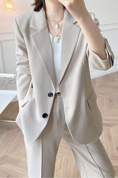 ivory blazer and pants set Oversize Suit, Formal Pantsuit, Pantsuit For Women, Women Blazer, Pantsuits For Women, Tweed Coat, Pantalon Large, Set Women, Suit Set