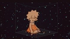 a cartoon character sitting on the ground in front of a black background with white stars