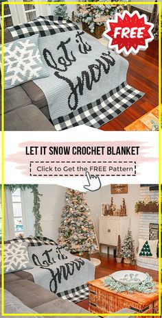 the crochet christmas tree blanket is shown in two different pictures and has text on it