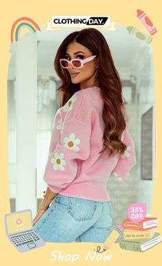 Floral Pattern Drop Shoulder Pink Sweater