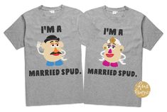 I'm a Married Spud - Toy Story Couple Shirts There's no better way to show your love for your SO than to wear our matching couple shirts! Both shirts come on grey unisex tshirts. If you would like different style shirts, please message us! Men's shirt is an all solid design, women's shirt is a mix of solid and glitter vinyls. We would love for you to share a picture with us wearing your shine apparel!! Follow US on IG → https://instagram.com/shine.designs/ and facebook → https://www.facebook.com Shirts For Disney World, Toy Story Couple, Shirts For Disney, Disney Gear, Disney Honeymoon, Best Couples, Disney Couple Shirts, Couples Shirts, Honeymoon Shirts