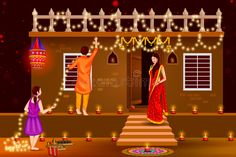 a couple celebrating diwali with candles and lights