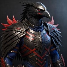 a statue of an eagle in armor with red eyes and wings on it's chest