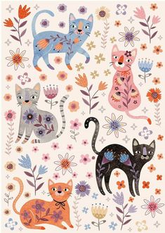 an image of cats and flowers on a white background with blue, pink, orange, yellow and green colors