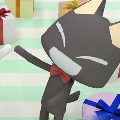 an animated cat is standing in front of presents