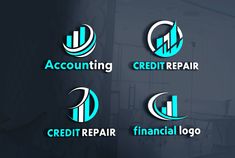 the logo for a credit repair company is shown in three different colors and font options