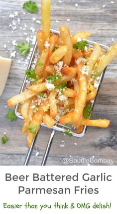 beer battered garlic fries with parmesan cheese on the side and text overlay