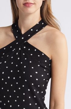 Allover polka dots lend a playful touch to this stretchy and figure-hugging halter top. Halter neck Sleeveless 96% polyester, 4% spandex Hand wash, dry flat Imported Fitted Polka Dot Tank Top, Fitted Polka Dot Casual Tank Top, Fitted Polka Dot Sleeveless Top, Stretch Polka Dot Tops For Summer, Stretch Polka Dot Summer Tops, Summer Stretch Polka Dot Tops, Top Halter, Nordstrom Store, Anniversary Sale