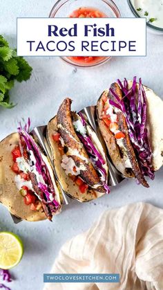 red fish tacos are lined up on a plate