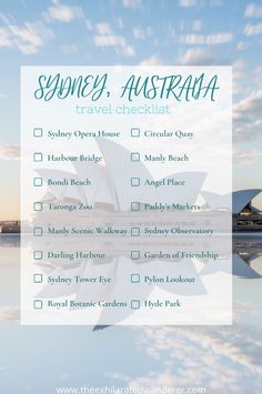 the sydney australia travel checklist is shown in front of water with opera on it