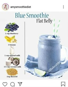 a blue smoothie in a mason jar with ingredients to make it and how to use it